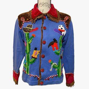 Super Rare Vintage Berek by Takako Sakon Ramie Cowboy Cardigan Size M Blue Red